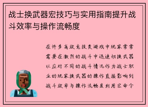 战士换武器宏技巧与实用指南提升战斗效率与操作流畅度